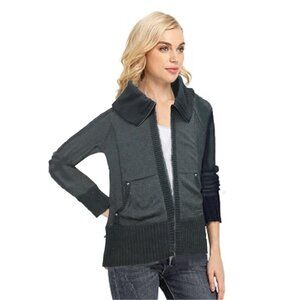 CACHE Ribbed Zip Front Funnel Neck Shaped Cotton Cardigan Sz S Blk/Char Grey